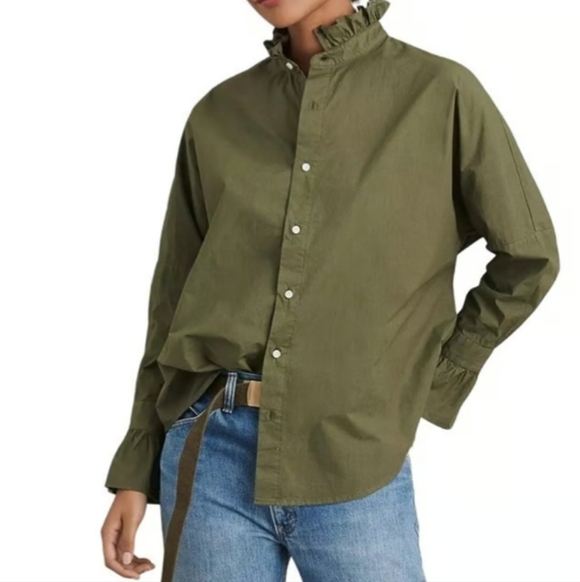 ALEX MILL Easy Ruffle Cotton Poplin Shirt, Dusty Olive, Size M, Spring - Picture 2 of 15